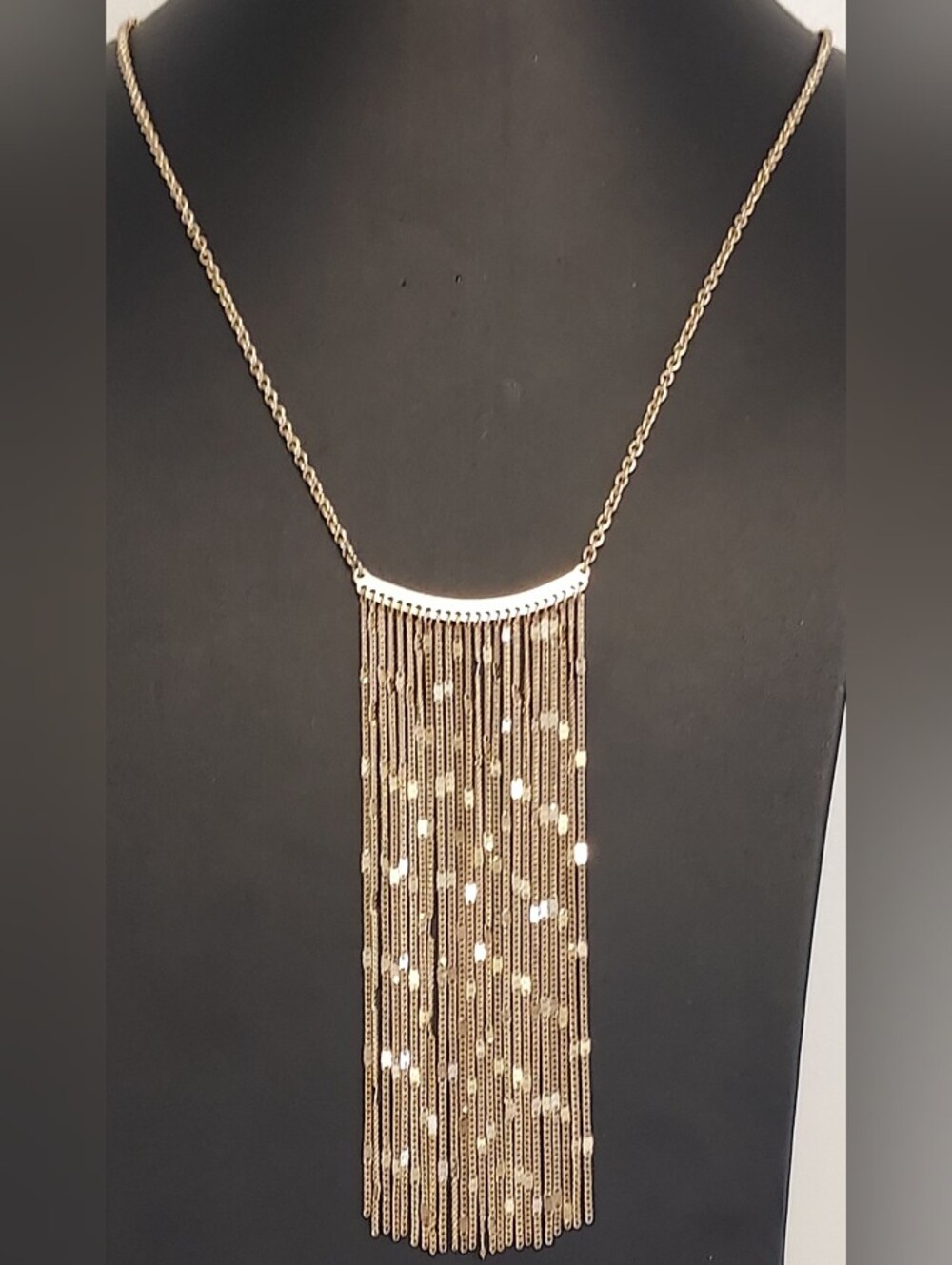 Charming Charlie Gold Multi Strand Fringe Waterfall Statement Necklace 33"